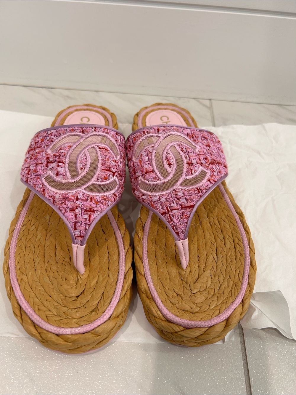 Chanel 2020 light purple & pink tweed & mesh thong sandals. Worn once.